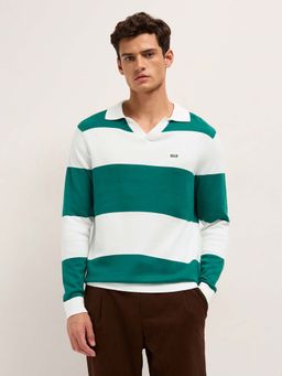 The Bear House - Men'S Teal Cotton Striped Regular Fit Polo T-Shirt