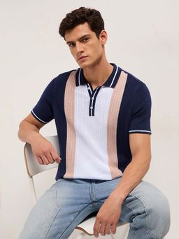 The Bear House - Men'S Blue Blue Cotton Colorblocked Regular Fit Polo T-Shirt