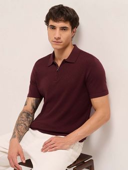 The Bear House - Men'S Maroon Men’S Cotton Textured Regular Fit Polo T-Shirt