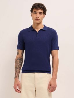 The Bear House - Men'S Blue Men’S Cotton Textured Regular Fit Polo T-Shirt
