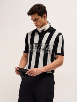 The Bear House - Men'S Black Cotton Striped Regular Fit Polo T-Shirt