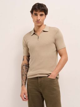 The Bear House - Men'S Beige Men’S Cotton Textured Regular Fit Polo T-Shirt
