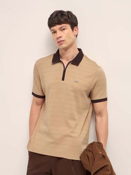 The Bear House - Men'S Brown Cotton Textured Striped Regular Fit Polo T-Shirt
