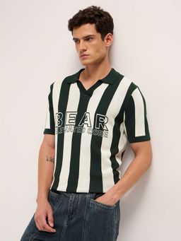 The Bear House - Men'S Green Cotton Striped Regular Fit Polo T-Shirt