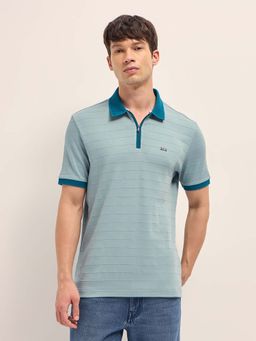 The Bear House - Men'S Teal Cotton Textured Striped Regular Fit Polo T-Shirt
