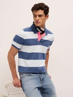 The Bear House - Men'S Blue Cotton Striped Regular Fit Polo T-Shirt