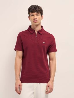 The Bear House - Men'S Maroon Cotton Textured Striped Regular Fit Polo T-Shirt
