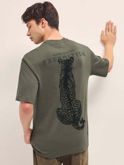 The Bear House - Men'S Green Cotton Crew Neck Animal Printed Oversize Fit Tshirt