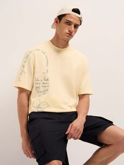 The Bear House - Men'S Cream Cotton Printed Oversize Tshirt