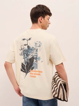 The Bear House - Men'S Beige Pure Cotton Oversize Fit Crew Neck T-Shirt