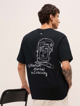 The Bear House - Men'S Black Pure Cotton Printed Oversize Fit T-Shirt