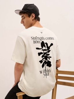 The Bear House - Men'S Cream Pure Cotton Printed Oversize Fit T-Shirt