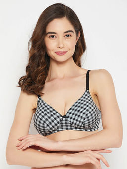 Clovia - Cotton Spandex Printed Padded Full Cup Wire Free T-shirt Bra - Black