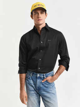 GANT - Men Black Spread Collar Full Sleeve Solid Shirt