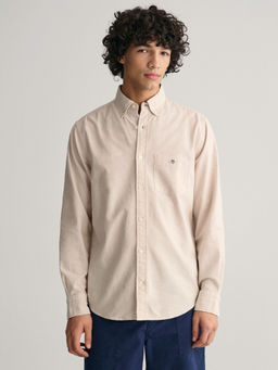 GANT - Men Beige Solid Button-Down Collar Full Sleeves Classic Oxford Shirt