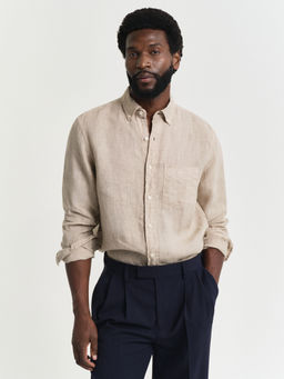 GANT - Men Beige Solid Button-Down Collar Full Sleeves Shirt