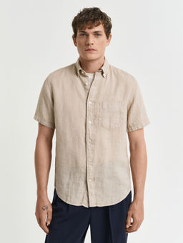 GANT - Men Beige Button-Down Collar Short Sleeves Shirt