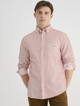 GANT - Men Red Button Down Collar Full Sleeve Vertical Stripes Shirt