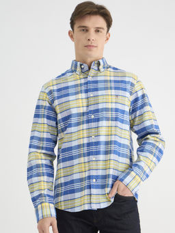 GANT - Men Blue Button Down Collar Full Sleeve Plaid Checks Classic Oxford Shirt