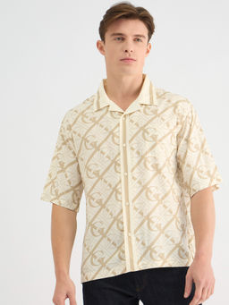 GANT - Men Beige Cuban Collar Short Sleeve Monogram Geometric Shirt