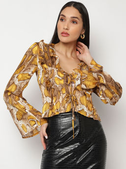 Missguided - Yellow Snake Print Tie Front Chiffon Blouse