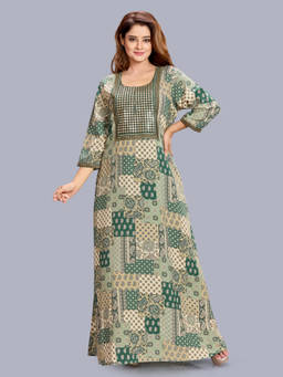 SANAA - Green Viscose Three Fourth Sleeves Printed Nighty