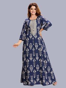 SANAA - Navy Blue Viscose Blend Three Fourth Sleeves Printed Nighty