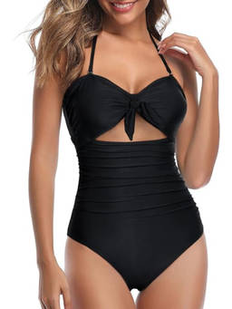 BOLD CURVE - Halter Front Tie Knot Bathing Suit Women Cutout One Piece Swimsuits