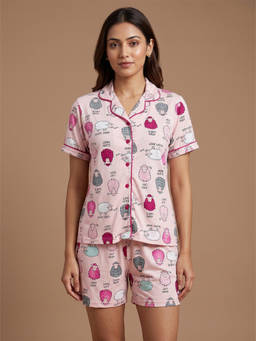 FABLUSH - Peach Viscose Half Sleeves Printed Shirt With Shorts