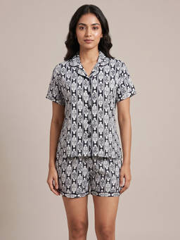 FABLUSH - Black Rayon Half Sleeves Printed Shirt With Shorts