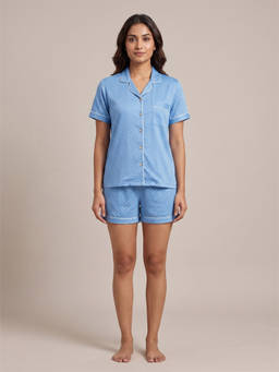 FABLUSH - Blue Viscose Half Sleeves Polka Dots Shirt with Shorts