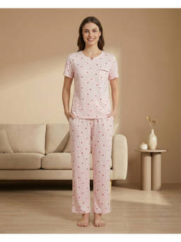 FABLUSH - Pink Viscose Half Sleeves Printed T-Shirt with Pant