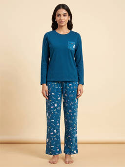 FABLUSH - Blue Cotton Full Sleeves Printed T-Shirt with Pant