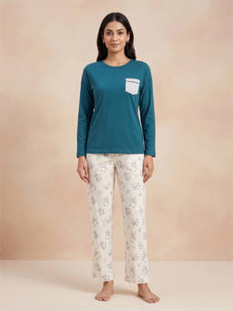 FABLUSH - Multi-Color Cotton Full Sleeves Solid/Plain T-Shirt With Pant