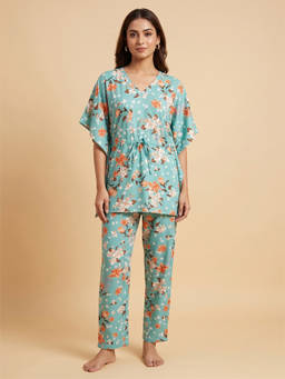 FABLUSH - Green Viscose Flared Sleeves Printed Kaftan