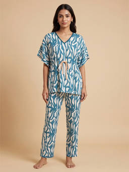 FABLUSH - Blue Rayon Flared Sleeves Printed Kaftan