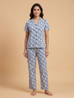 FABLUSH - Blue Rayon Half Sleeves Printed Shirt With Pant