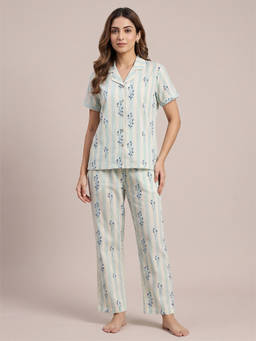 FABLUSH - Green Cotton Half Sleeves Printed Shirt With Pant