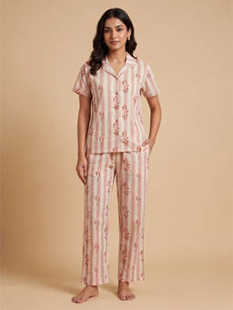 FABLUSH - Pink Cotton Half Sleeves Printed Shirt With Pant