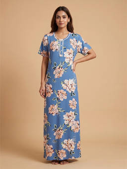 FABLUSH - Blue Viscose Half Sleeves Floral Nightdress