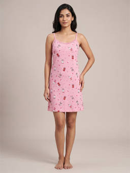 FABLUSH - Pink Viscose Sleeveless Printed Nightdress
