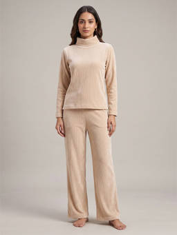 FABLUSH - Beige Cotton Full Sleeves Textured Top With Pant
