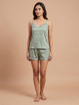 FABLUSH - Green Rayon Sleeveless Solid/Plain Top with Shorts