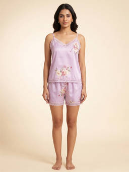 FABLUSH - Pink Rayon Sleeveless Floral Top with Shorts
