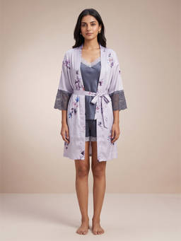 FABLUSH - Blue Satin Three Fourth Sleeves Floral Top With Shorts & Rope