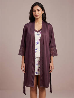FABLUSH - Brown Satin Three Fourth Sleeves Floral Top With Shorts & Rope
