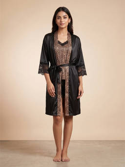 FABLUSH - Black Satin Three Fourth Sleeves Animal Print Top With Shorts & Rope