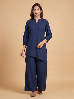 FABLUSH - Navy Blue Satin Full Sleeves Solid/Plain Kurti With Pant