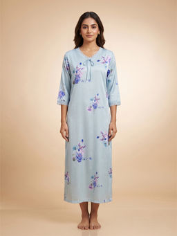 FABLUSH - Blue Satin Three Fourth Sleeves Floral Nightdress