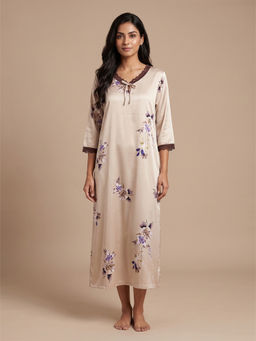 FABLUSH - Brown Satin Three Fourth Sleeves Floral Nightdress